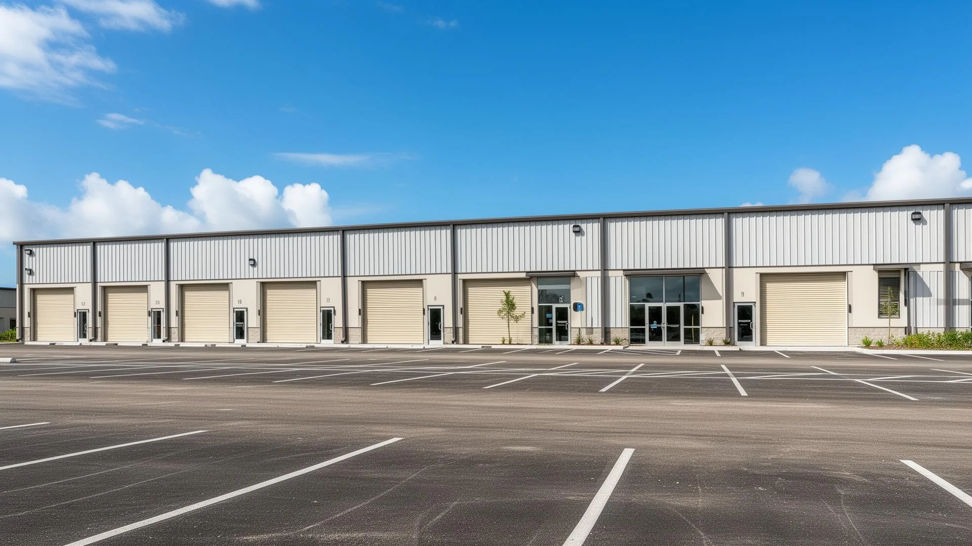 Small bay industrial flex park with warehouse roll-up doors