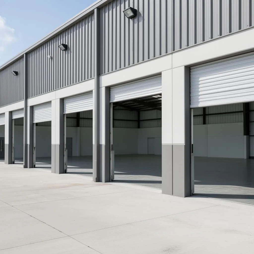 Row of small bay warehouse suites with roll-up doors